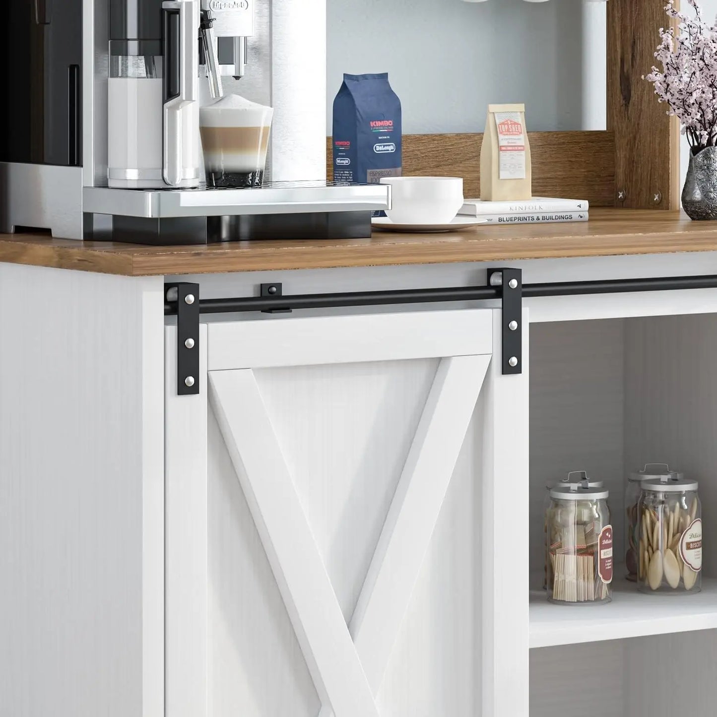 Farmhouse Coffee Bar Cabinet with 6 Hooks, with Storage and barn door.