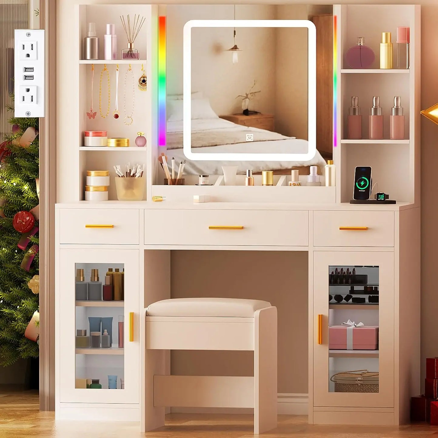 Vanity Desk with Mirror and Lights
