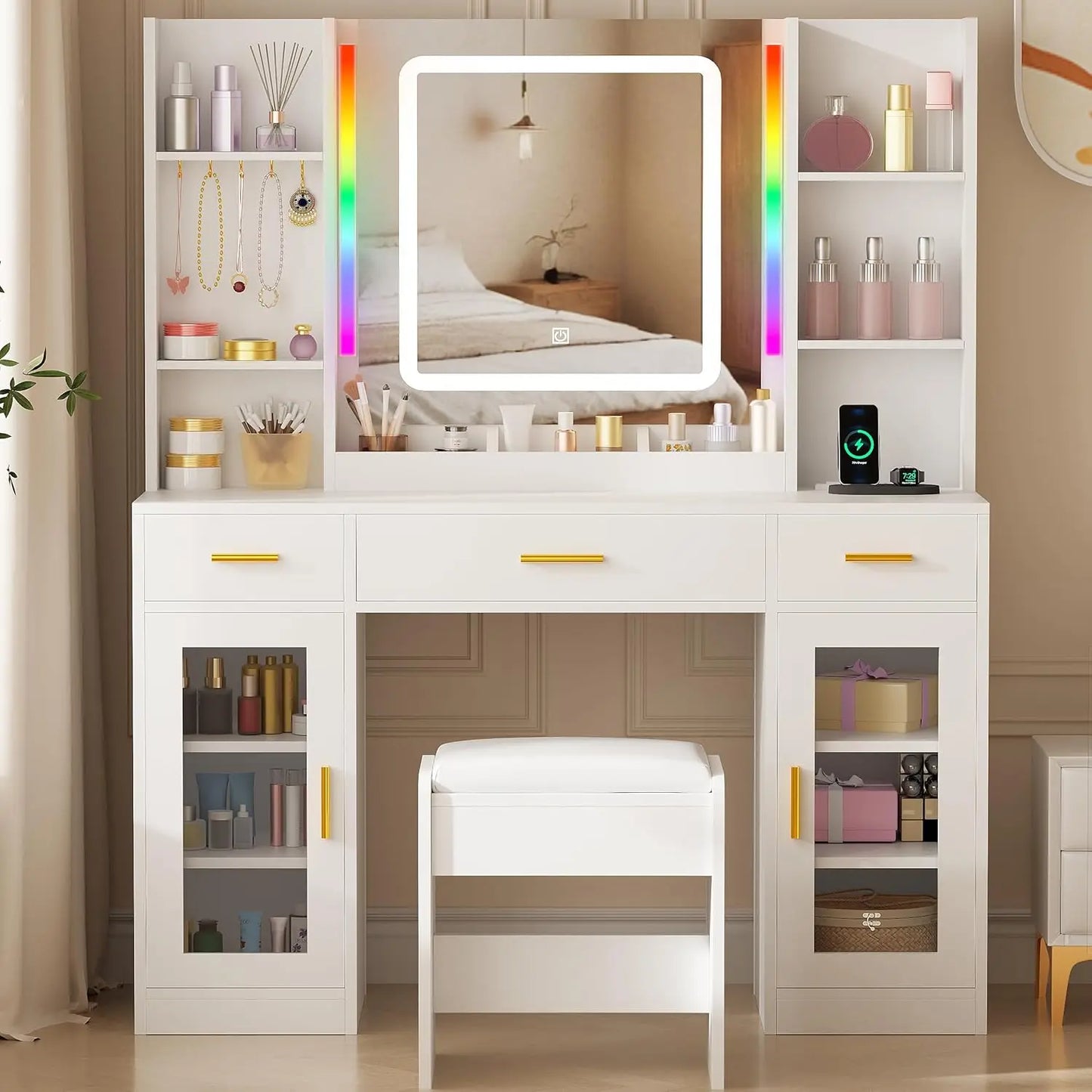 Vanity Desk with Mirror and Lights