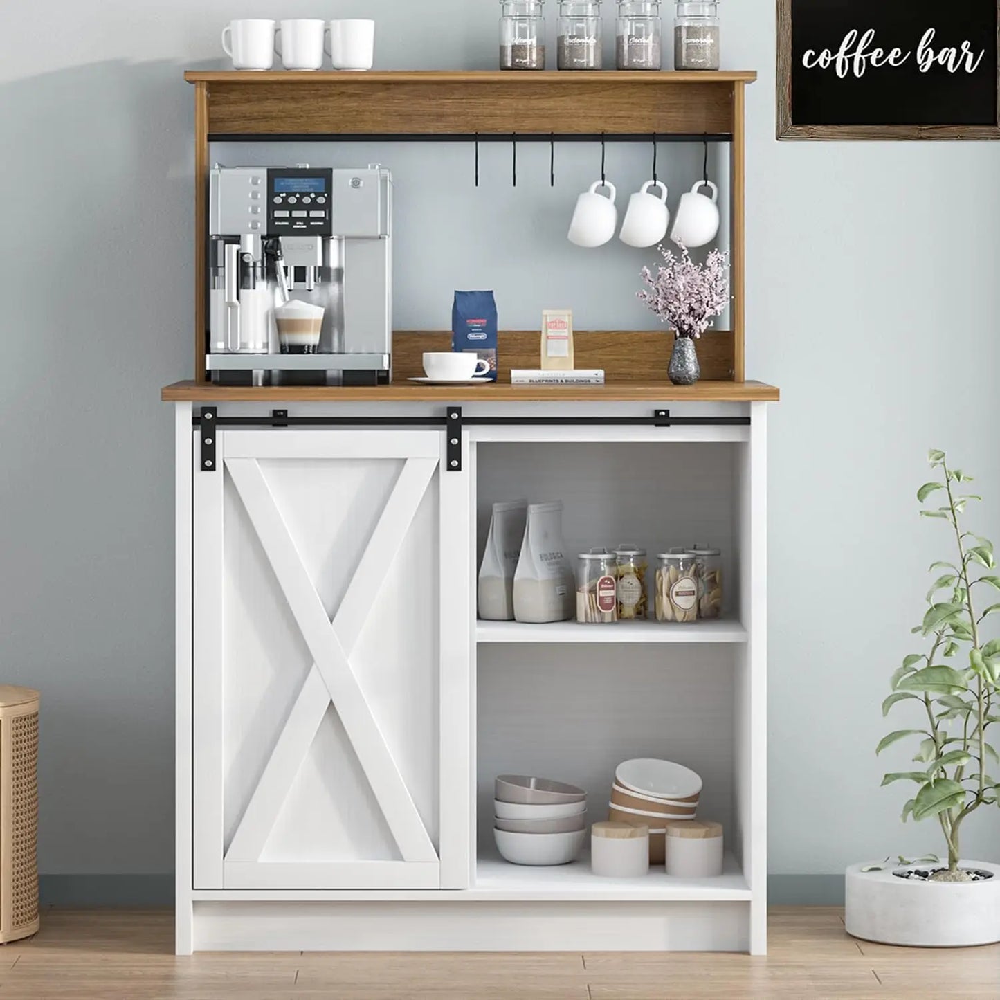Farmhouse Coffee Bar Cabinet with 6 Hooks, with Storage and barn door.
