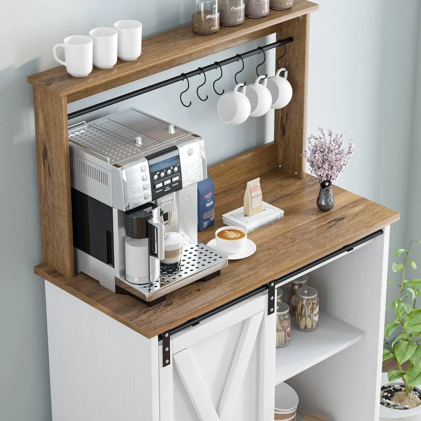 Farmhouse Coffee Bar Cabinet with 6 Hooks, with Storage and barn door.