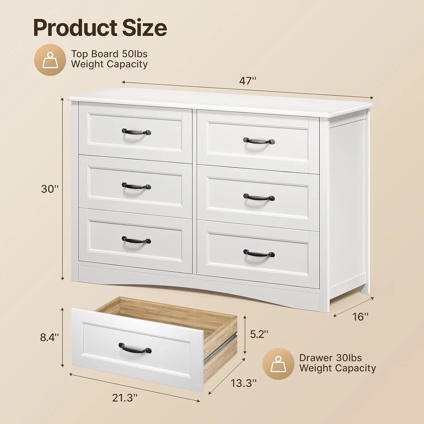 6 Drawer Dresser for Bedroom,47'' Larger Chest of Drawers with Mental Handle