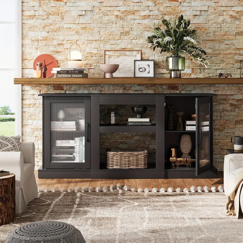 Retro TV Stand for 65 Inch TV, TV Console Cabinet with Storage, Open Shelves Entertainment Center for Living Room.