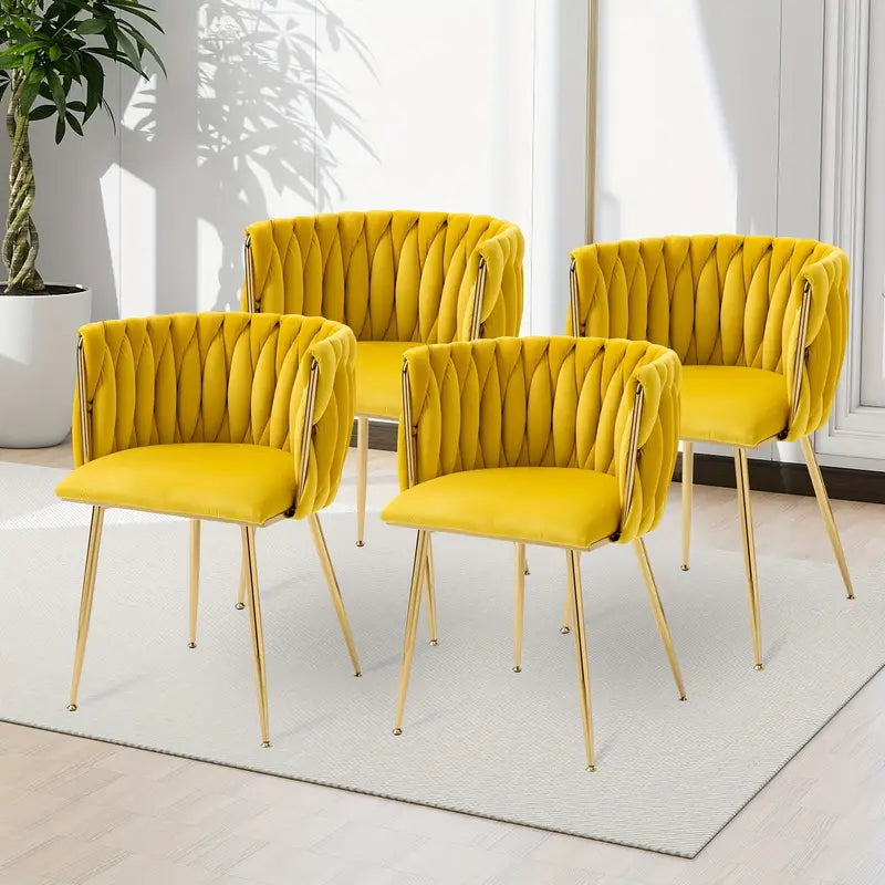Velvet Dining Chairs Set Of 4, Woven Upholstered Dining Chairs With Golden Metal Legs,