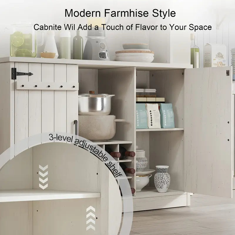 Farmhouse Kitchen Pantry Coffee Bar With Drawers And Wine Rack With Adjustable Shelves