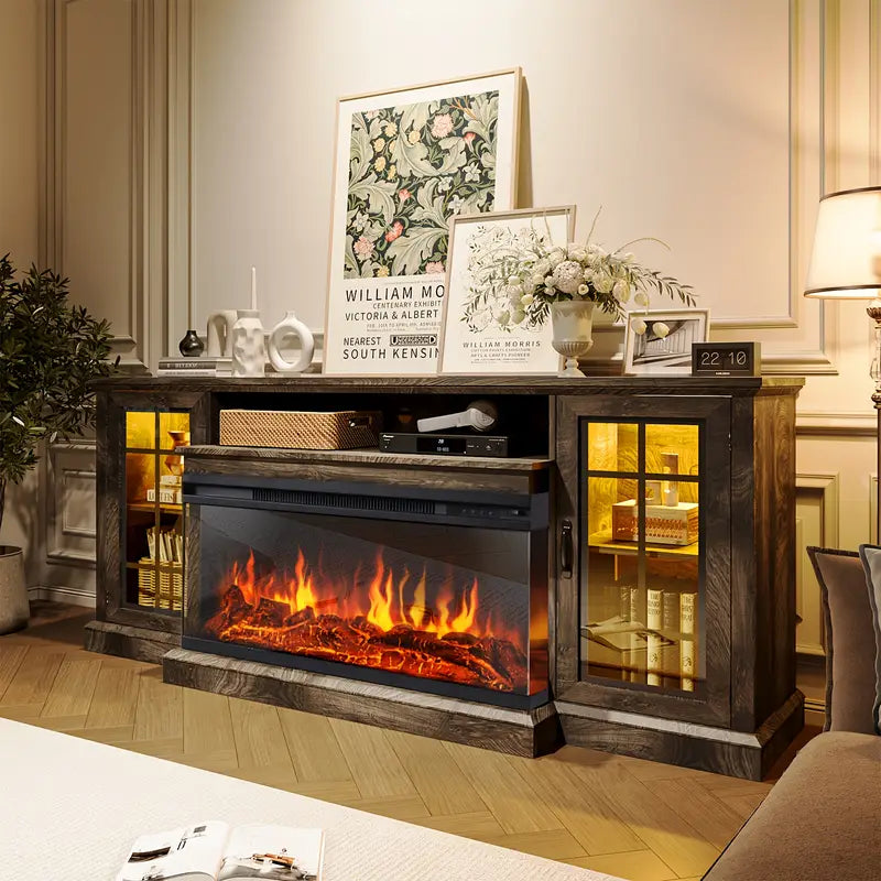 36-Inch Triple-Sided Glass Fireplace TV Stand, Suitable for TVs Under 80 Inches with Storage Cabinet and Glass Door