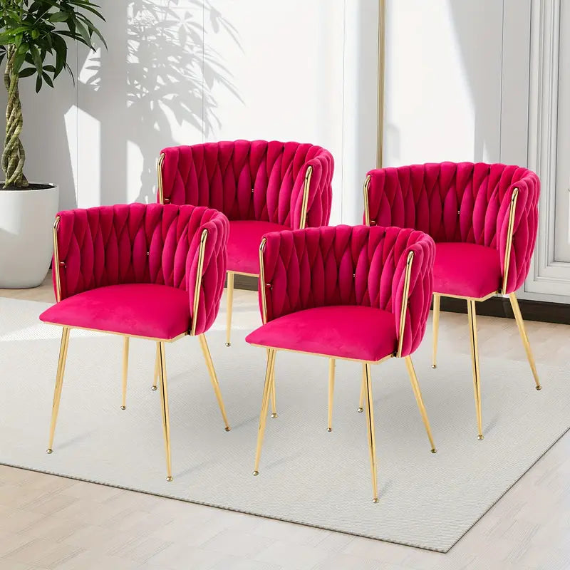 Velvet Dining Chairs Set Of 4, Woven Upholstered Dining Chairs With Golden Metal Legs,