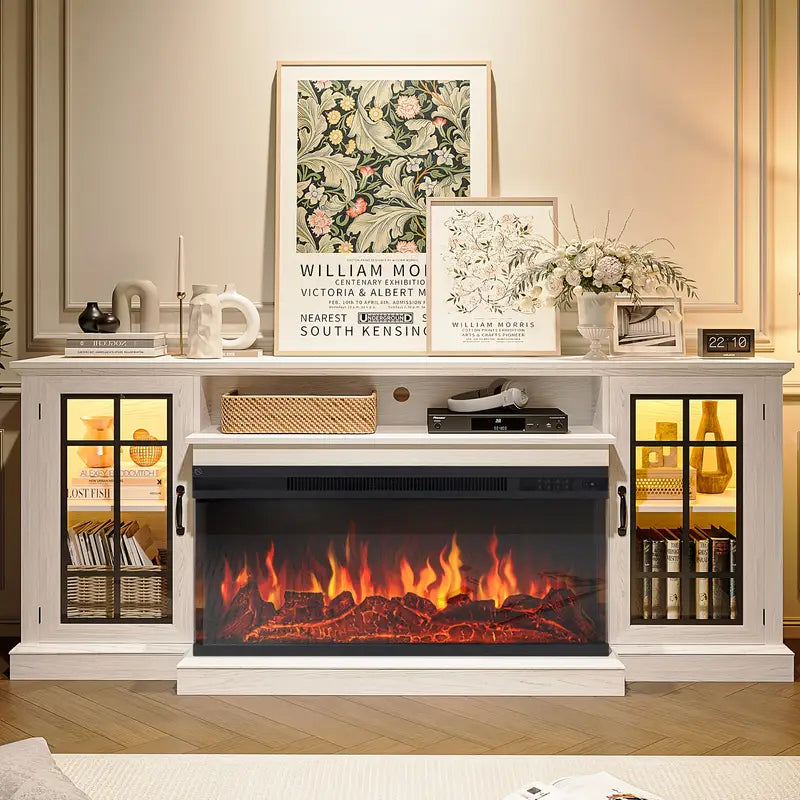 36-Inch Triple-Sided Glass Fireplace TV Stand, Suitable for TVs Under 80 Inches with Storage Cabinet and Glass Door