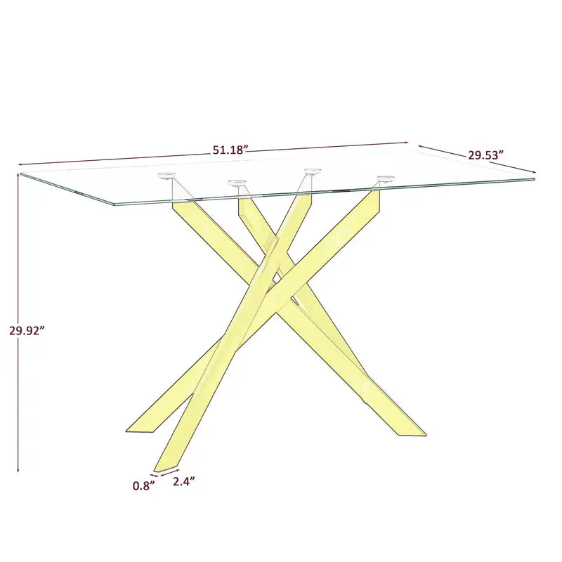 Classic Rectangular Glass Dining Table - Clear Tempered 51.18" with Golden Metal Legs