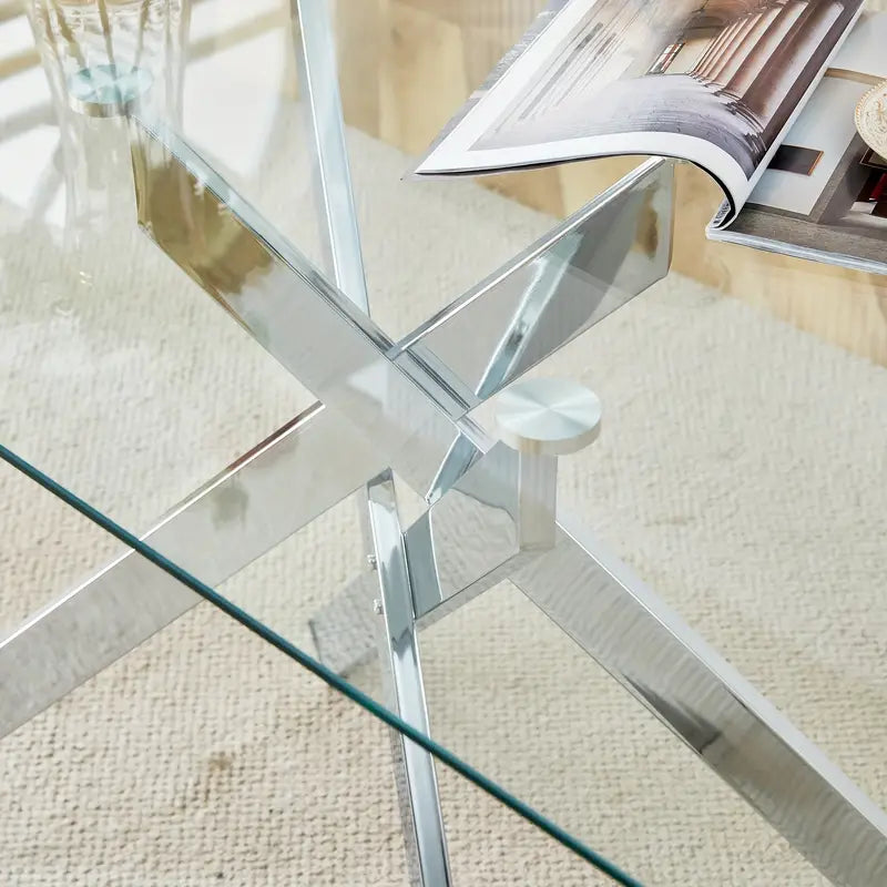 Classic Rectangular Glass Dining Table - Clear Tempered 51.18" with Golden Metal Legs