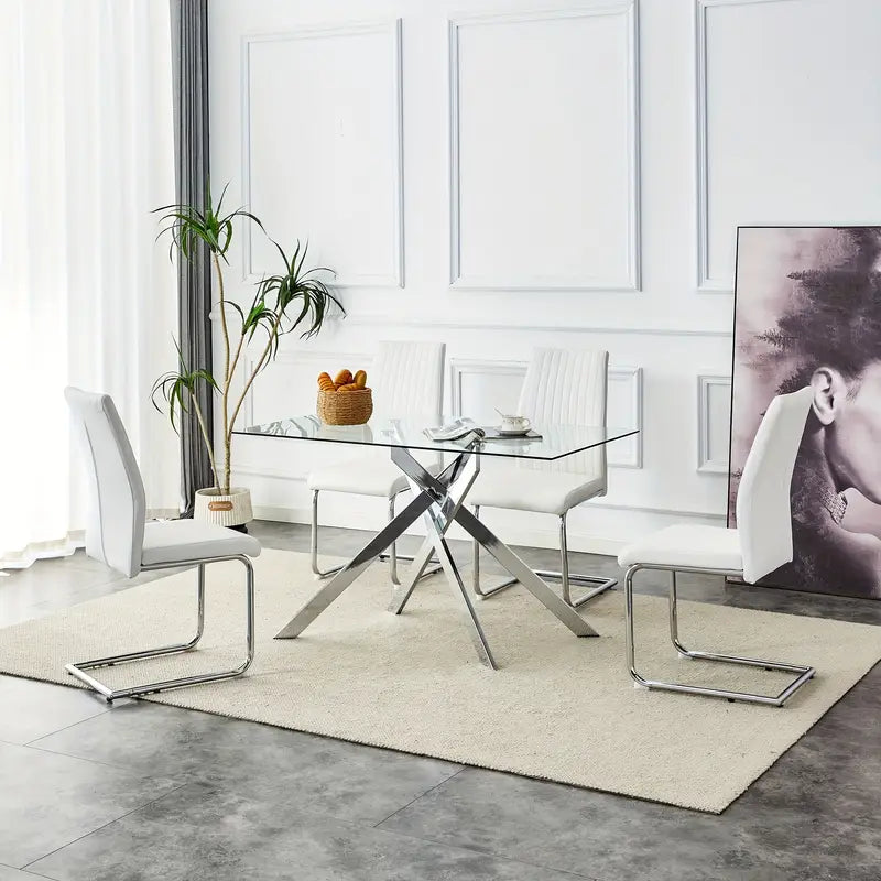 Classic Rectangular Glass Dining Table - Clear Tempered 51.18" with Golden Metal Legs