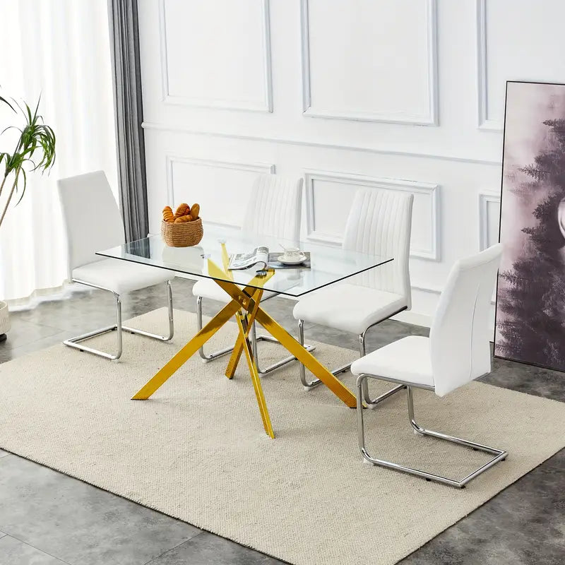 Classic Rectangular Glass Dining Table - Clear Tempered 51.18" with Golden Metal Legs