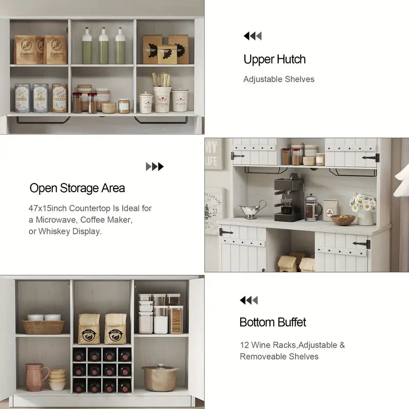Farmhouse Kitchen Pantry Coffee Bar With Drawers And Wine Rack With Adjustable Shelves