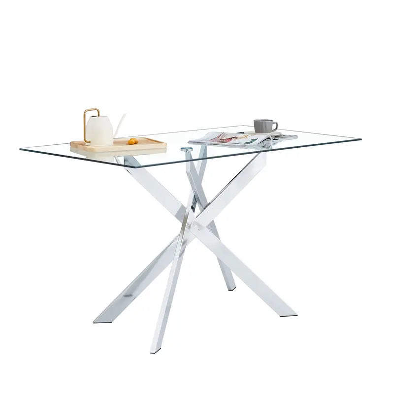 Classic Rectangular Glass Dining Table - Clear Tempered 51.18" with Golden Metal Legs