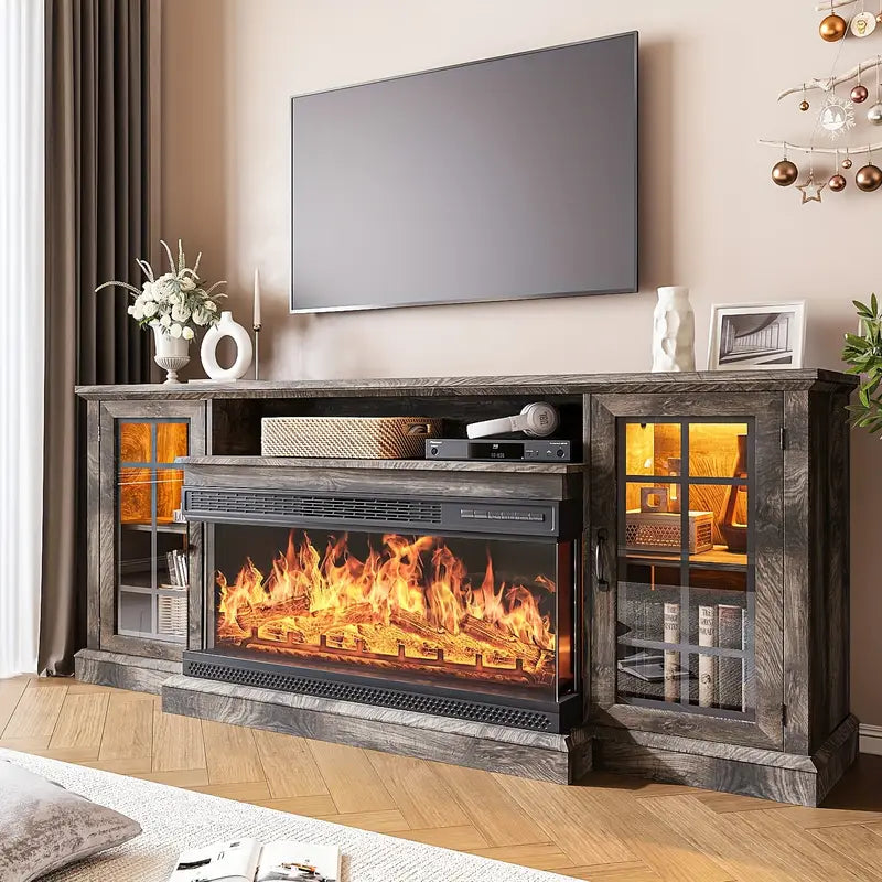 36-Inch Triple-Sided Glass Fireplace TV Stand, Suitable for TVs Under 80 Inches with Storage Cabinet and Glass Door