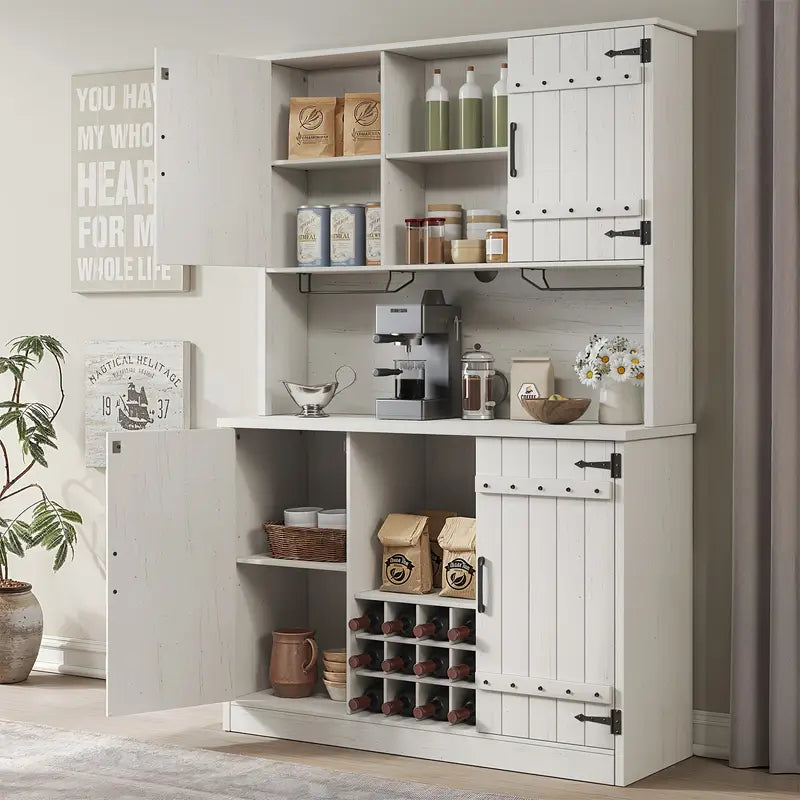 Farmhouse Kitchen Pantry Coffee Bar With Drawers And Wine Rack With Adjustable Shelves