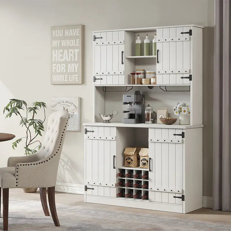 Farmhouse Kitchen Pantry Coffee Bar With Drawers And Wine Rack With Adjustable Shelves