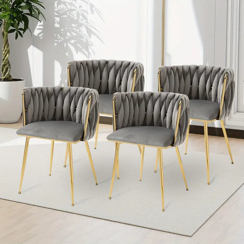 Velvet Dining Chairs Set Of 4, Woven Upholstered Dining Chairs With Golden Metal Legs,
