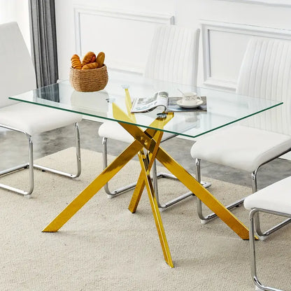 Classic Rectangular Glass Dining Table - Clear Tempered 51.18" with Golden Metal Legs