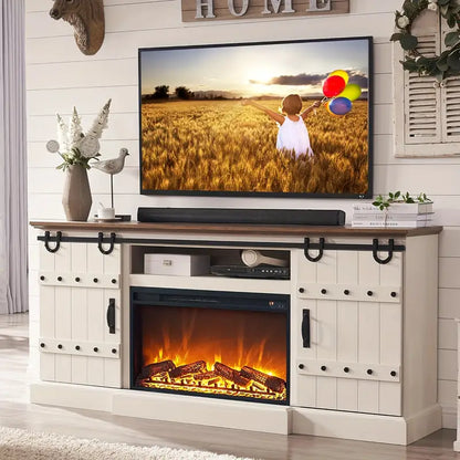 Fireplace TV Stand For 75 - 80 Inch TV, Farmhouse Entertainment Center With Sliding Barn Doors