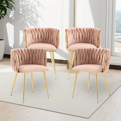 Velvet Dining Chairs Set Of 4, Woven Upholstered Dining Chairs With Golden Metal Legs,