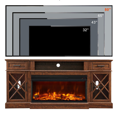 3-Sided Glass Farmhouse Fireplace TV Stand For TVs Up To 80''
