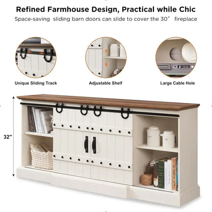 Fireplace TV Stand For 75 - 80 Inch TV, Farmhouse Entertainment Center With Sliding Barn Doors