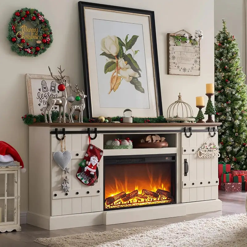 Fireplace TV Stand For 75 - 80 Inch TV, Farmhouse Entertainment Center With Sliding Barn Doors