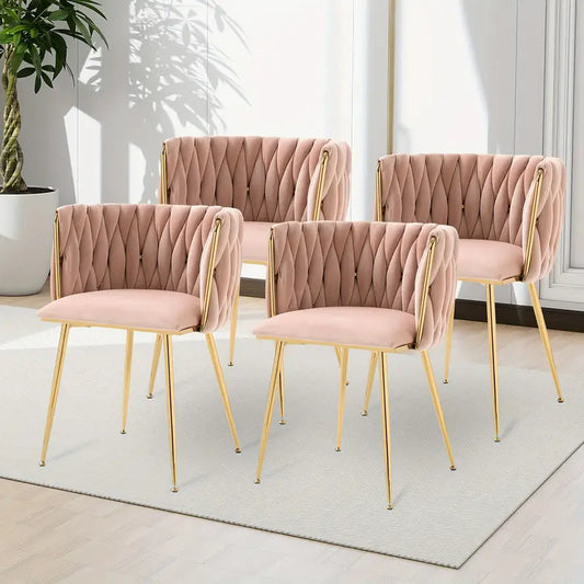 Velvet Dining Chairs Set Of 4, Woven Upholstered Dining Chairs With Golden Metal Legs,