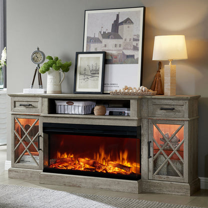 3-Sided Glass Farmhouse Fireplace TV Stand For TVs Up To 80''