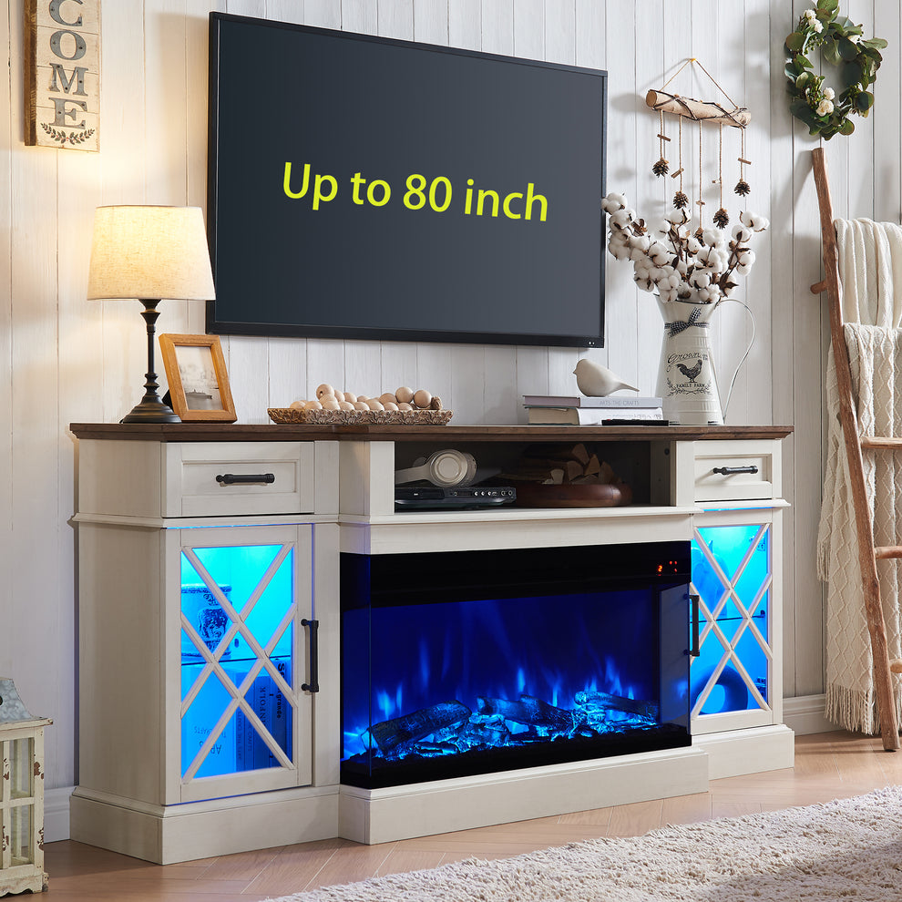 3-Sided Glass Farmhouse Fireplace TV Stand For TVs Up To 80''