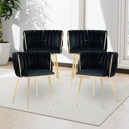 Velvet Dining Chairs Set Of 4, Woven Upholstered Dining Chairs With Golden Metal Legs,