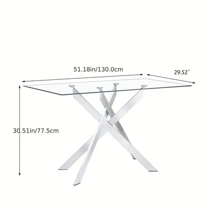 Classic Rectangular Glass Dining Table - Clear Tempered 51.18" with Golden Metal Legs