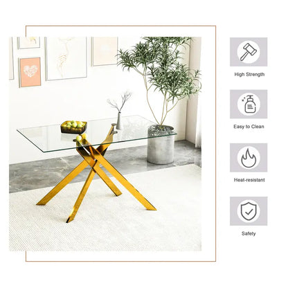 Classic Rectangular Glass Dining Table - Clear Tempered 51.18" with Golden Metal Legs