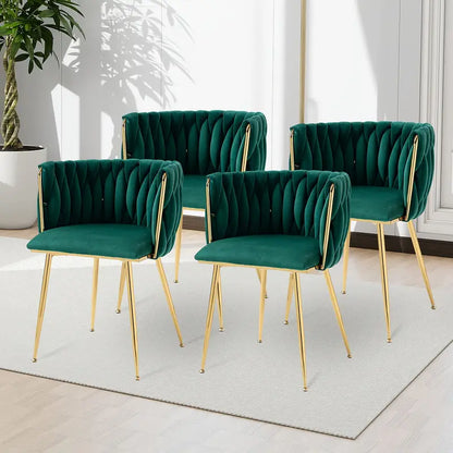 Velvet Dining Chairs Set Of 4, Woven Upholstered Dining Chairs With Golden Metal Legs,