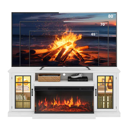 36-Inch Triple-Sided Glass Fireplace TV Stand, Suitable for TVs Under 80 Inches with Storage Cabinet and Glass Door