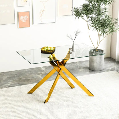 Classic Rectangular Glass Dining Table - Clear Tempered 51.18" with Golden Metal Legs