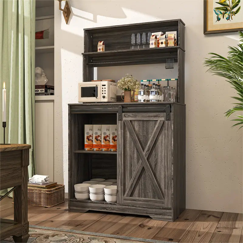 Coffee Bar Cabinet, Indoor Sideboard with 3 Tiers Of Storage And 6 Hook