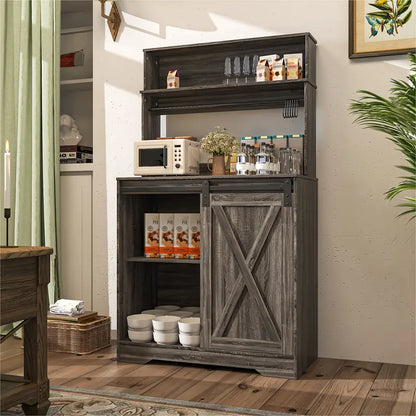 Coffee Bar Cabinet, Indoor Sideboard with 3 Tiers Of Storage And 6 Hook