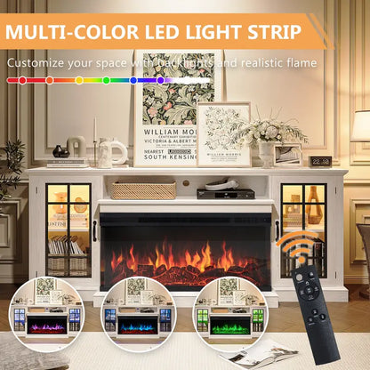 36-Inch Triple-Sided Glass Fireplace TV Stand, Suitable for TVs Under 80 Inches with Storage Cabinet and Glass Door