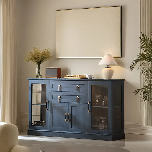 Large Sideboard Cabinet With Glass Doors, Modern Buffet Cabinet With Adjustable Shelves And Drawers