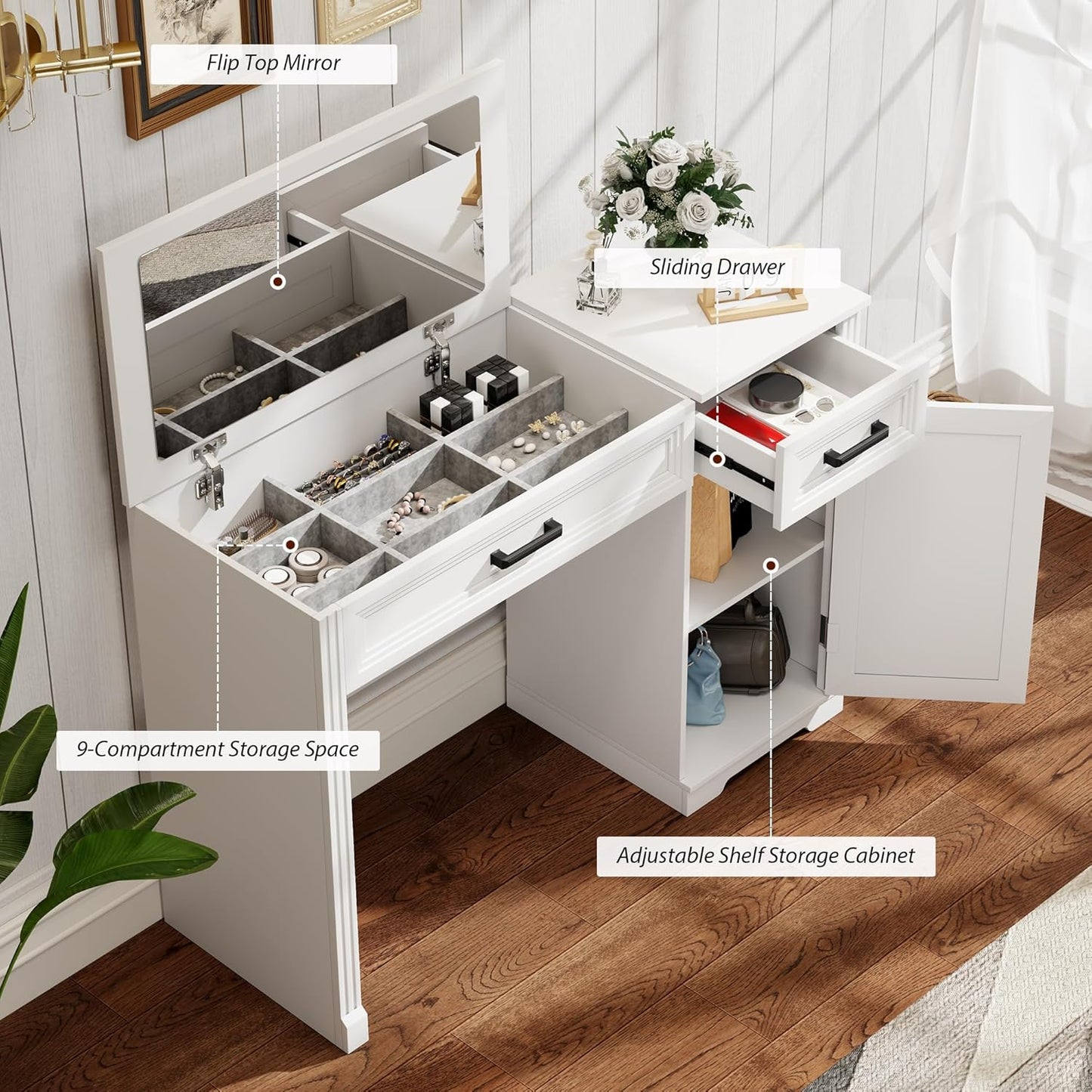 Farmhouse Vanity Desk with Flip Mirror – 43.3"