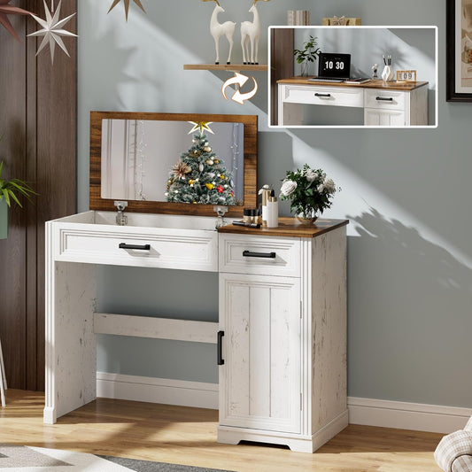 Farmhouse Vanity Desk with Flip Mirror – 43.3"