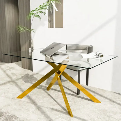 Classic Rectangular Glass Dining Table - Clear Tempered 51.18" with Golden Metal Legs