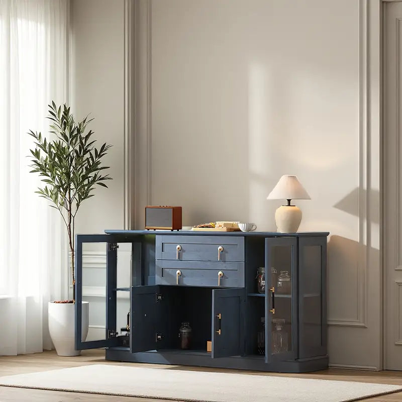 Large Sideboard Cabinet With Glass Doors, Modern Buffet Cabinet With Adjustable Shelves And Drawers