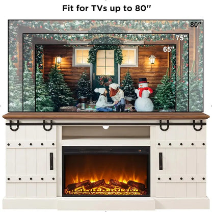Fireplace TV Stand For 75 - 80 Inch TV, Farmhouse Entertainment Center With Sliding Barn Doors