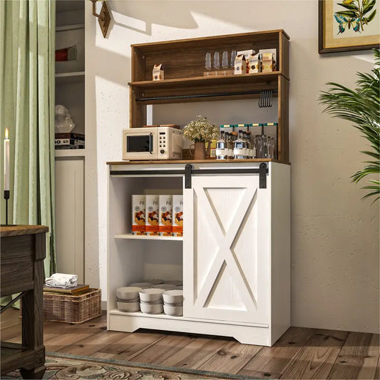 Coffee Bar Cabinet, Indoor Sideboard with 3 Tiers Of Storage And 6 Hook