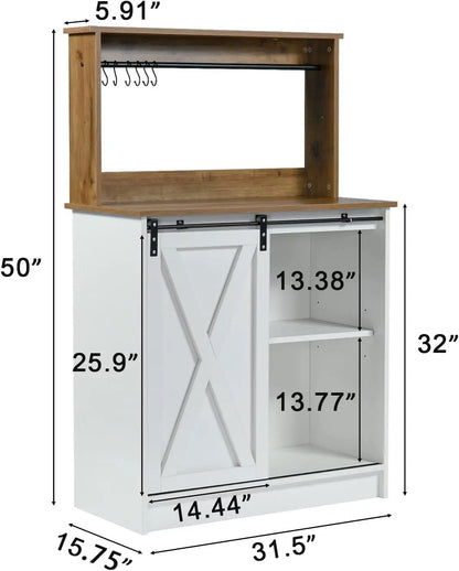 Farmhouse Coffee Bar Cabinet with 6 Hooks, with Storage and barn door.