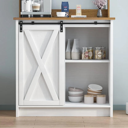Farmhouse Coffee Bar Cabinet with 6 Hooks, with Storage and barn door.