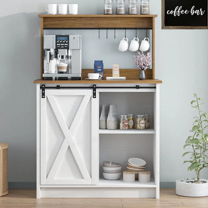 Farmhouse Coffee Bar Cabinet with 6 Hooks, with Storage and barn door.